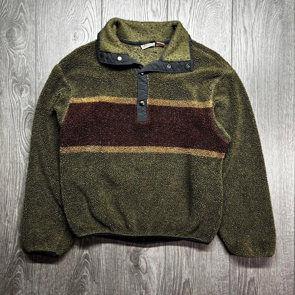 Woolrich Mens Medium Vintage Sherpa Fleece Pullover Green Stripe Made in USA
